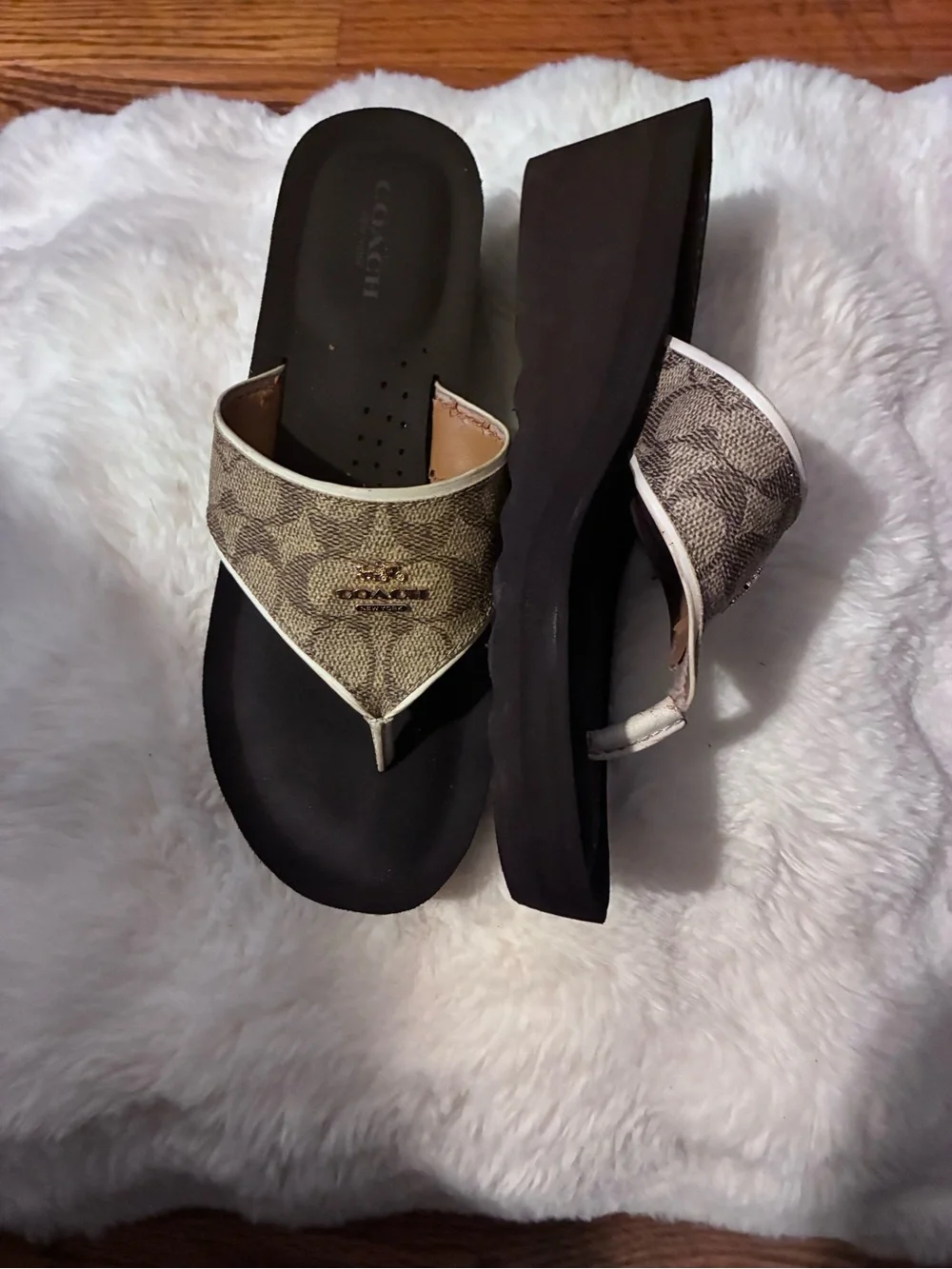 Coach Signature Canvas Thong Sandals in Brown and Black